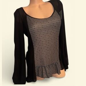 BKE Boutique Black and Gray Blouse with Ruffle Hem split sleeve sequins
